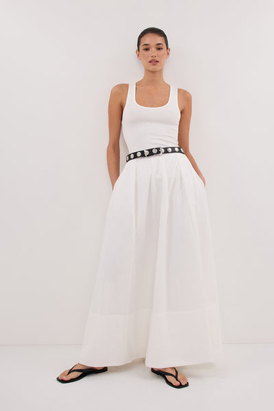 Aude wearing CONAGH WHITE POPLIN MIDI SKIRT