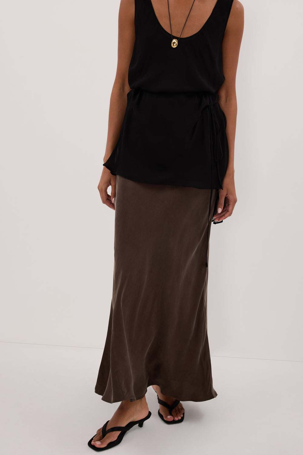 CONNIE BITTER CHOC CUPRO MAXI SKIRT