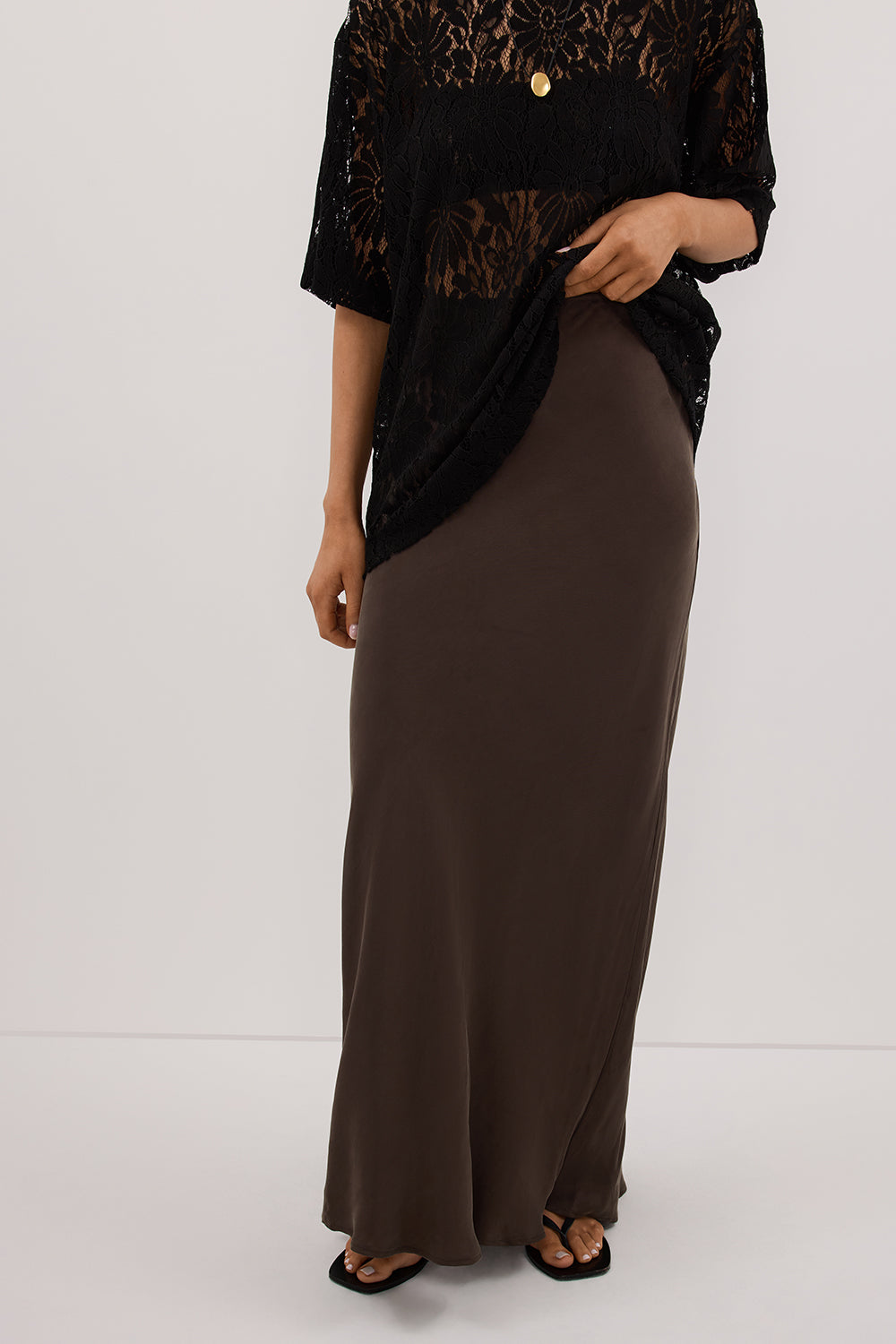 CONNIE BITTER CHOC CUPRO MAXI SKIRT