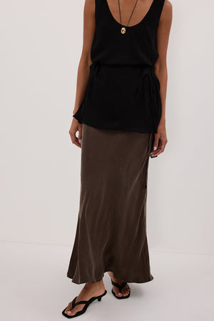 CONNIE BITTER CHOC CUPRO MAXI SKIRT