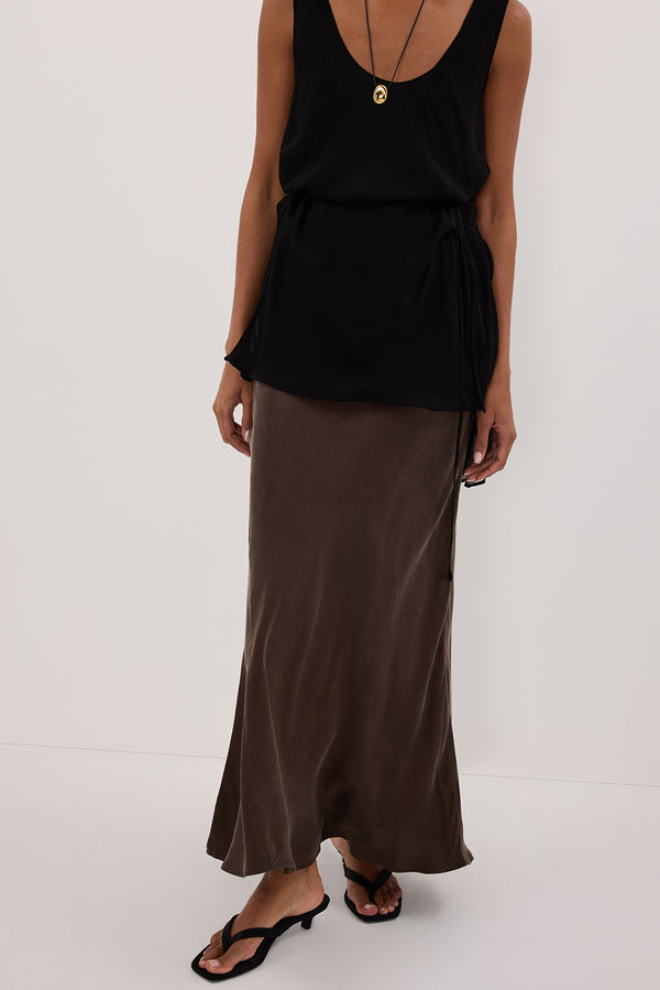 CONNIE BITTER CHOC CUPRO MAXI SKIRT
