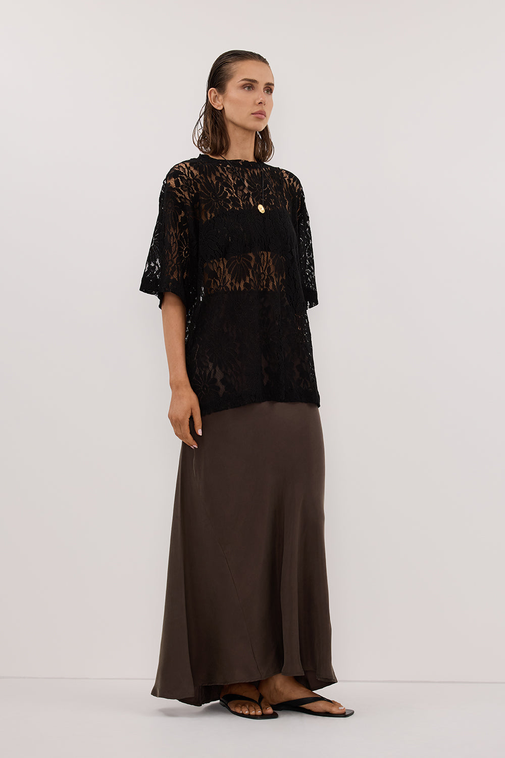 CONNIE BITTER CHOC CUPRO MAXI SKIRT