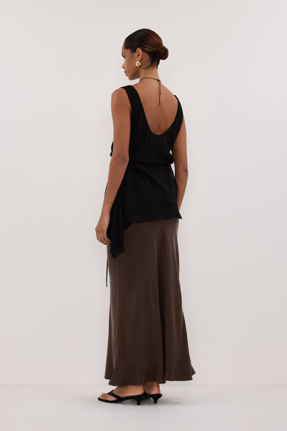 CONNIE BITTER CHOC CUPRO MAXI SKIRT