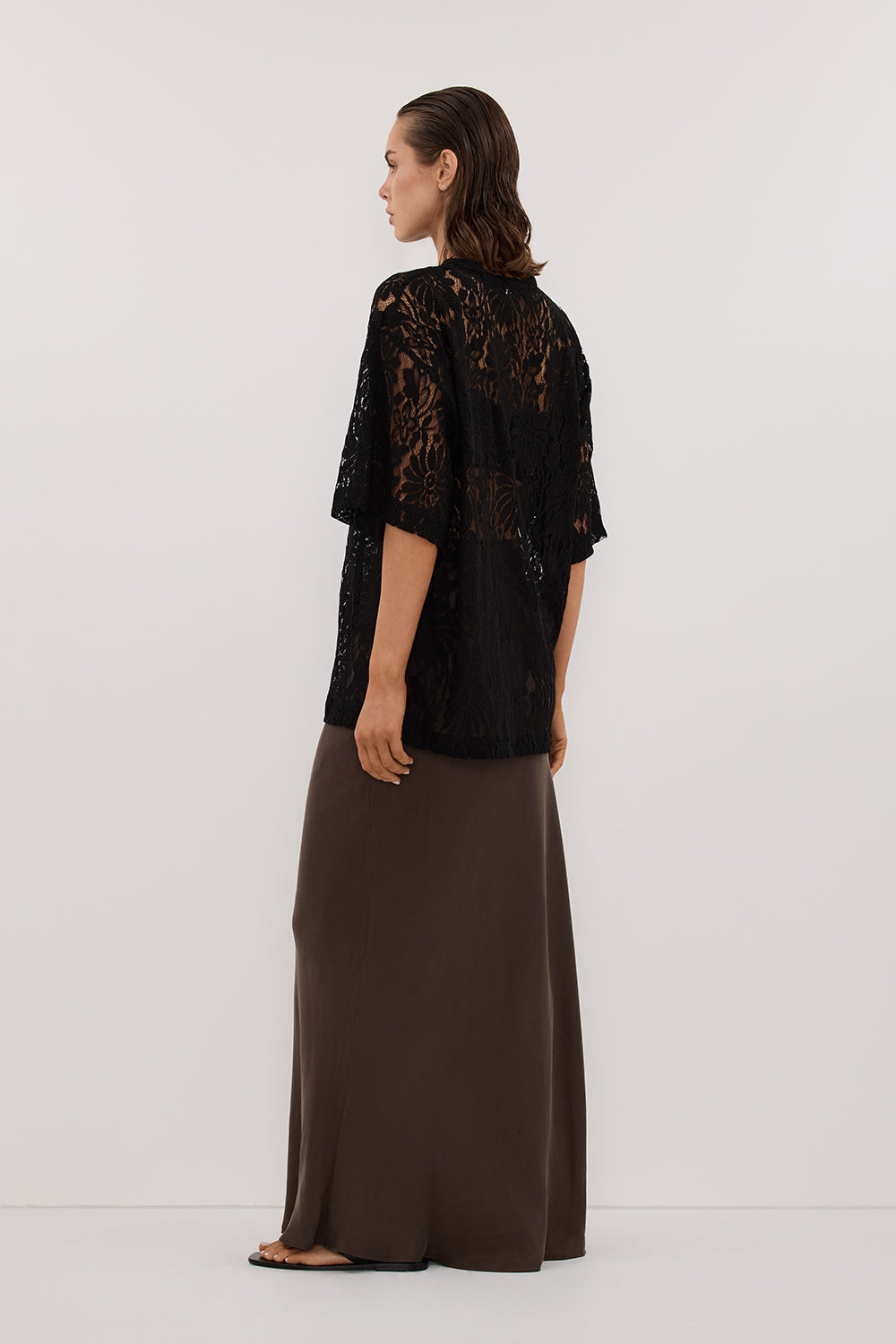CONNIE BITTER CHOC CUPRO MAXI SKIRT
