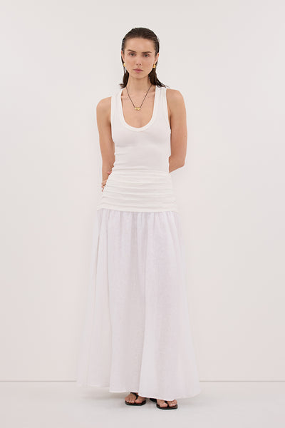 Stas wearing HALLIE WHITE LINEN MIDI SKIRT