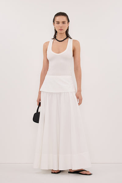 Zoe wearing CLAIRE WHITE COTTON MIDI SKIRT