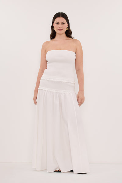 Jasmine wearing EDIE WHITE COTTON MIDI SKIRT