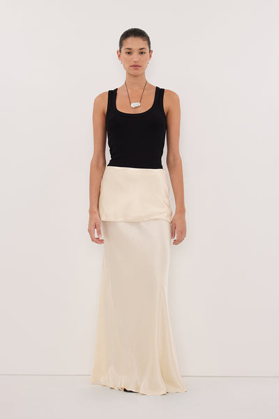 Aude wearing JELENA CREAM SATIN OVERLAY MAXI SKIRT