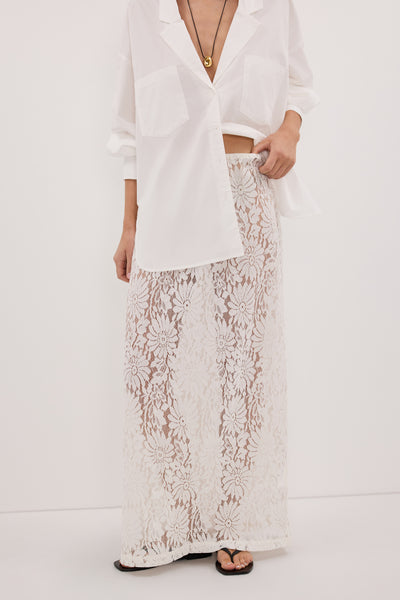 Stas wearing WILMA WHITE LACE MIDI SKIRT