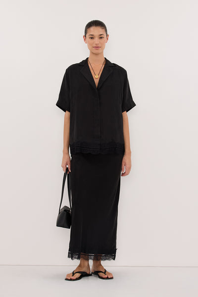Bambi wearing ANDREA BLACK CUPRO MIDI SKIRT
