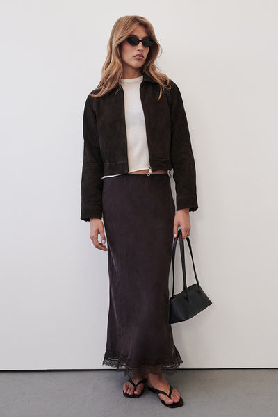 Yulia wearing ANDREA PLUM CHOC CUPRO MIDI SKIRT