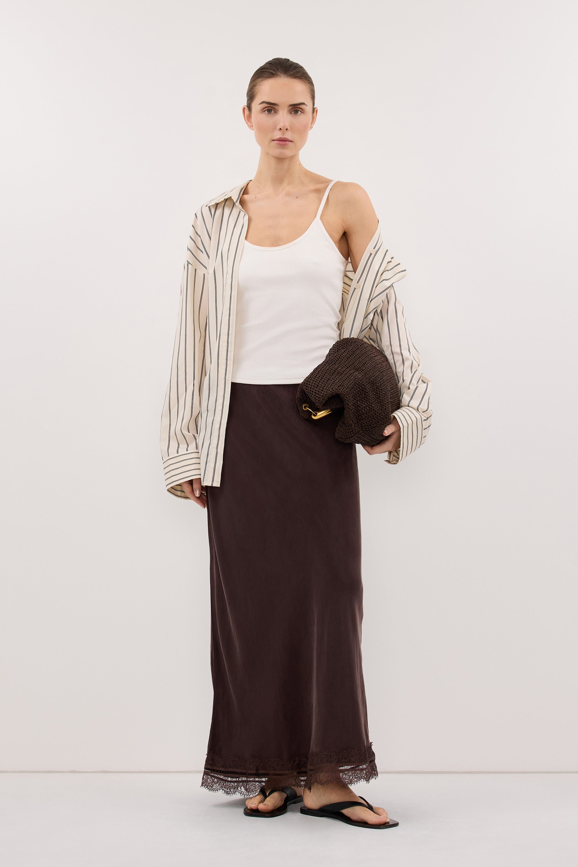 ANDREA PLUM CHOC CUPRO MIDI SKIRT