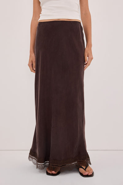 Yulia wearing ANDREA PLUM CHOC CUPRO MIDI SKIRT