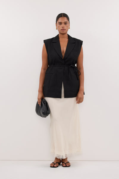 Amanda wearing ANDREA SANDSTONE CUPRO LACE MIDI SKIRT