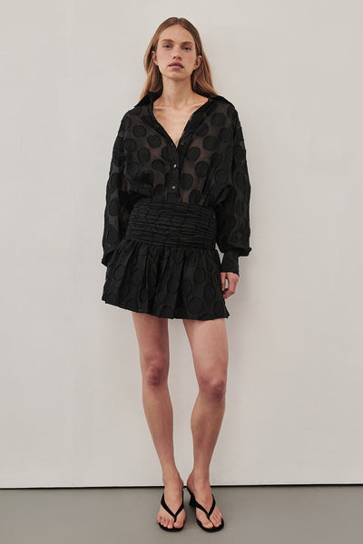 Zoe wearing MONTANA BLACK JACQUARD MINI SKIRT