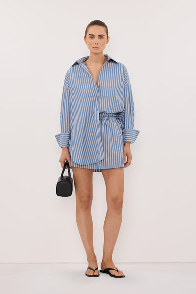 Stas wearing GRACIE BLUE STRIPE MINI SKIRT 