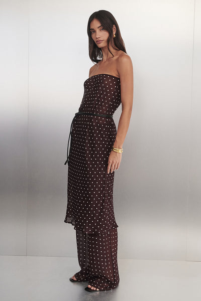 Holly wearing VANESSA BITTER CHOC SHEER SPOT MIDI SKIRT