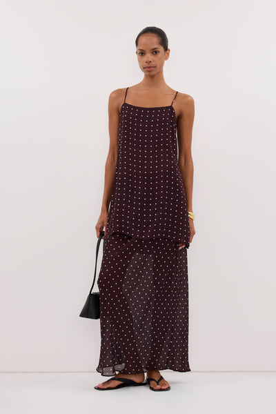 Kristen wearing VANESSA BITTER CHOC SHEER SPOT MIDI SKIRT