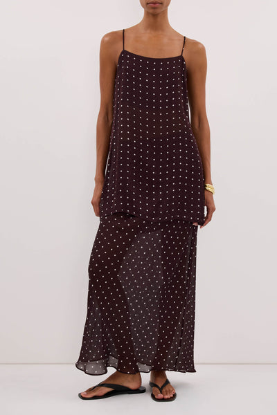 Kristen wearing VANESSA BITTER CHOC SHEER SPOT MIDI SKIRT