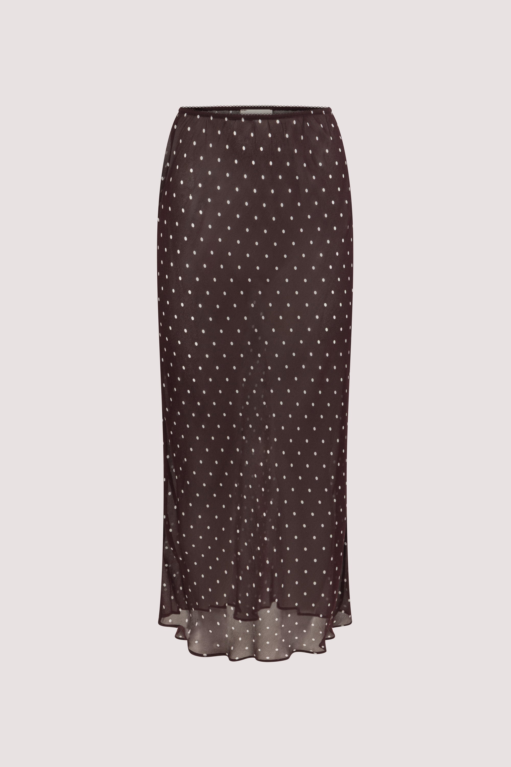 VANESSA BITTER CHOC SHEER SPOT MIDI SKIRT