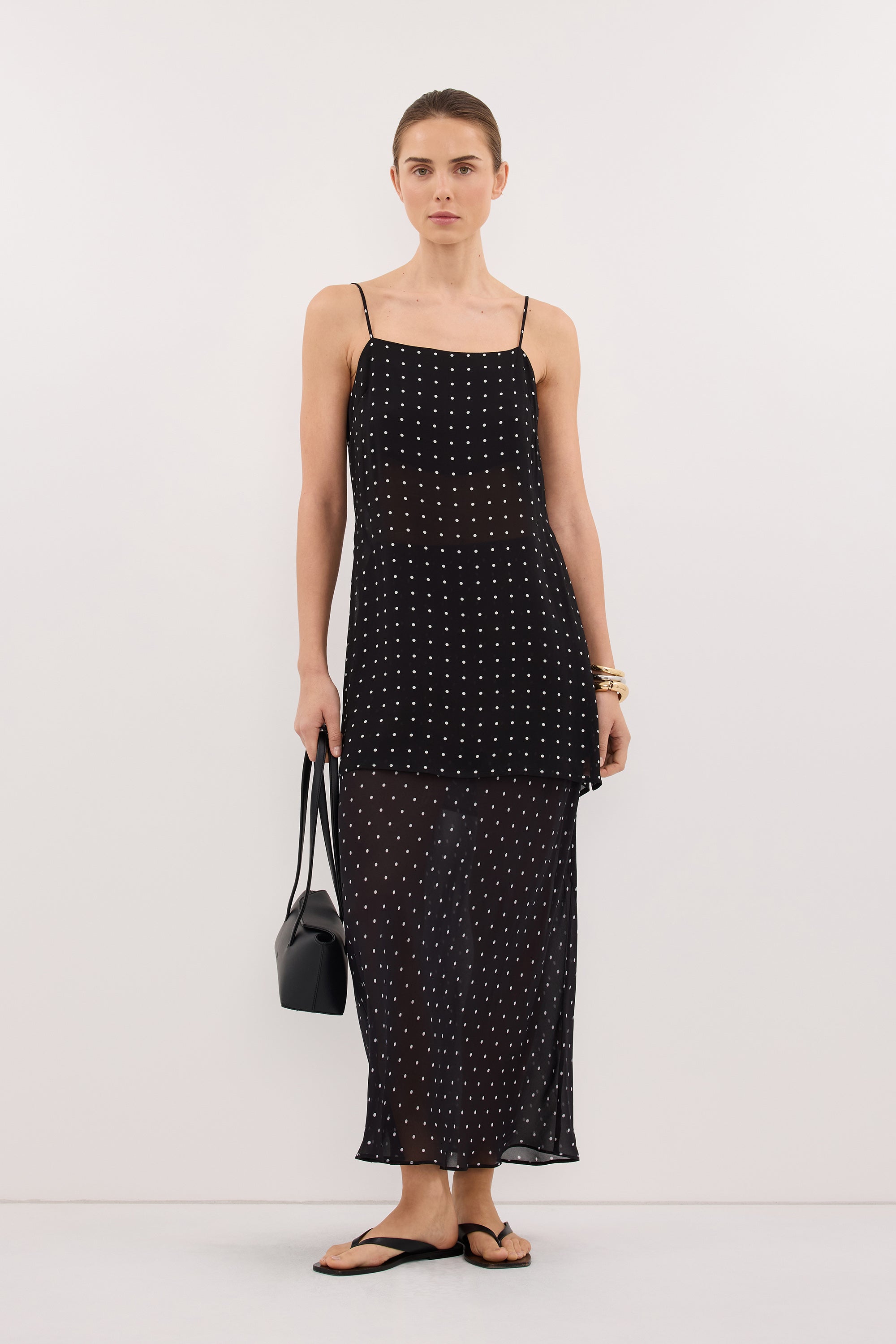 VANESSA BLACK SHEER SPOT MIDI SKIRT