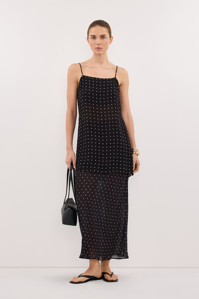 Stas wearing VANESSA BLACK SHEER SPOT MIDI SKIRT
