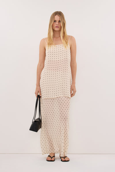 Zoe wearing VANESSA SANDSTONE SHEER SPOT MIDI SKIRT