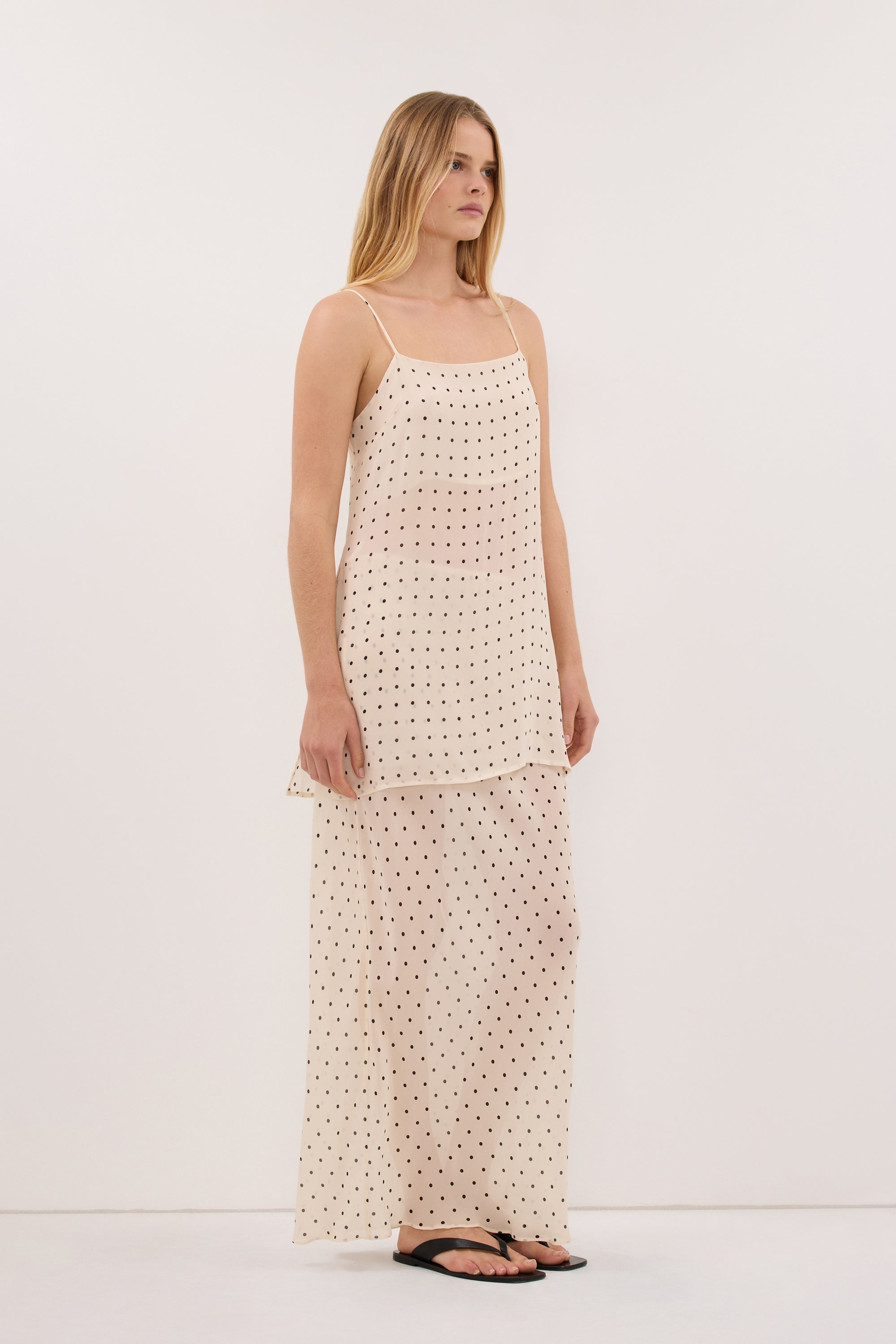 VANESSA SANDSTONE SHEER SPOT MIDI SKIRT