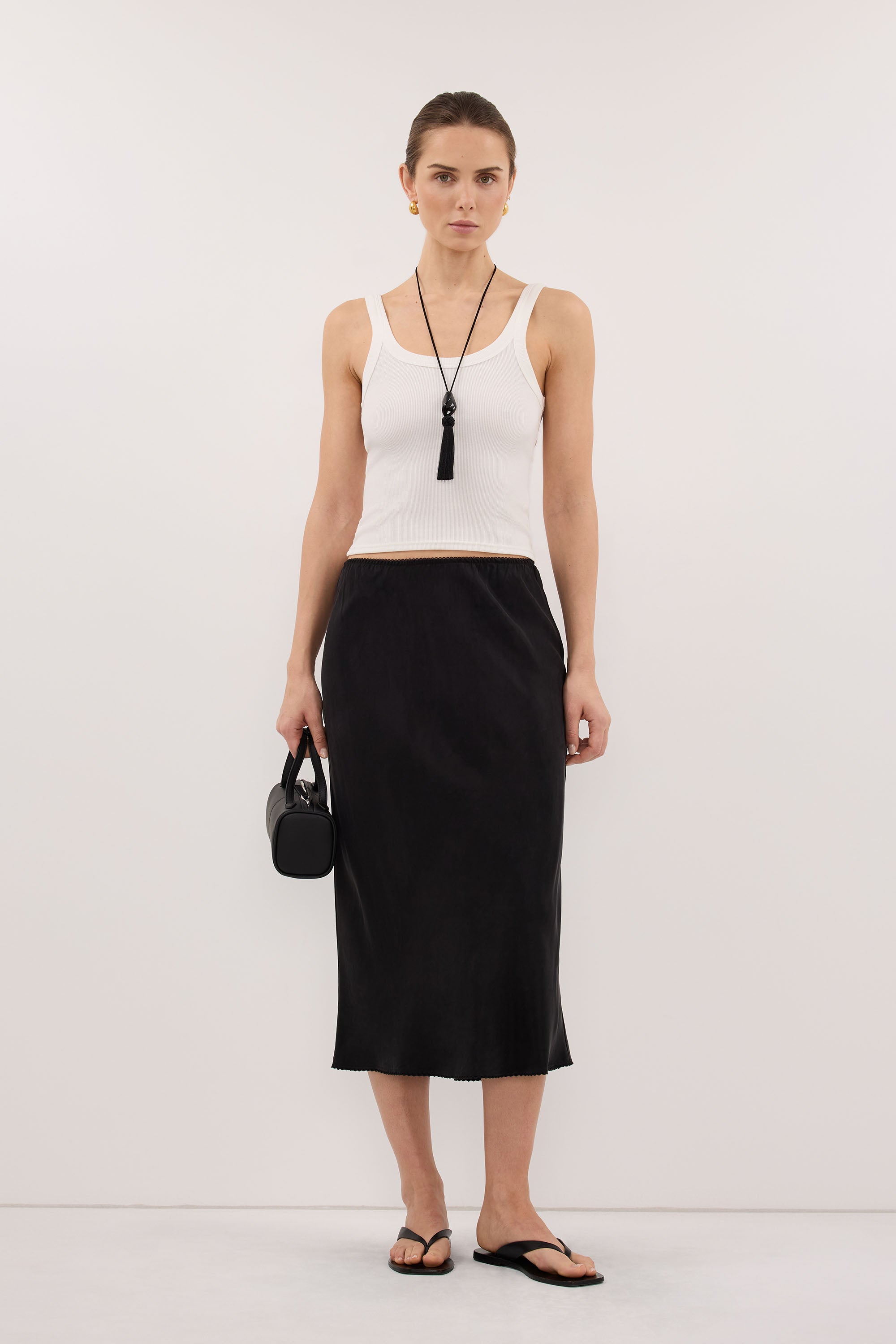 ARELIA BLACK CUPRO MIDI SKIRT