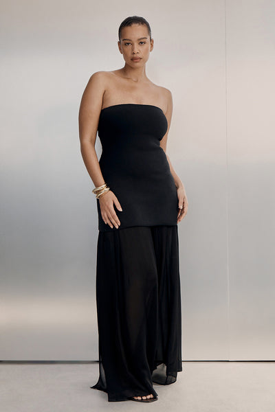 Shimma wearing CORALIE BLACK SHEER MIDI SKIRT
