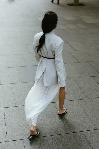 Shanina wearing CORALIE WHITE SHEER MIDI SKIRT