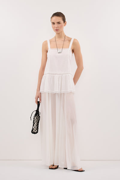 Stas wearing CORALIE OFF WHITE SHEER MIDI SKIRT