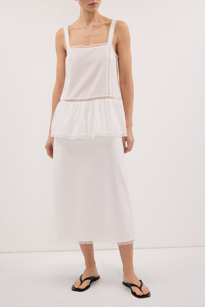 Stas wearing ROSIN WHITE KNEE LENGTH SKIRT