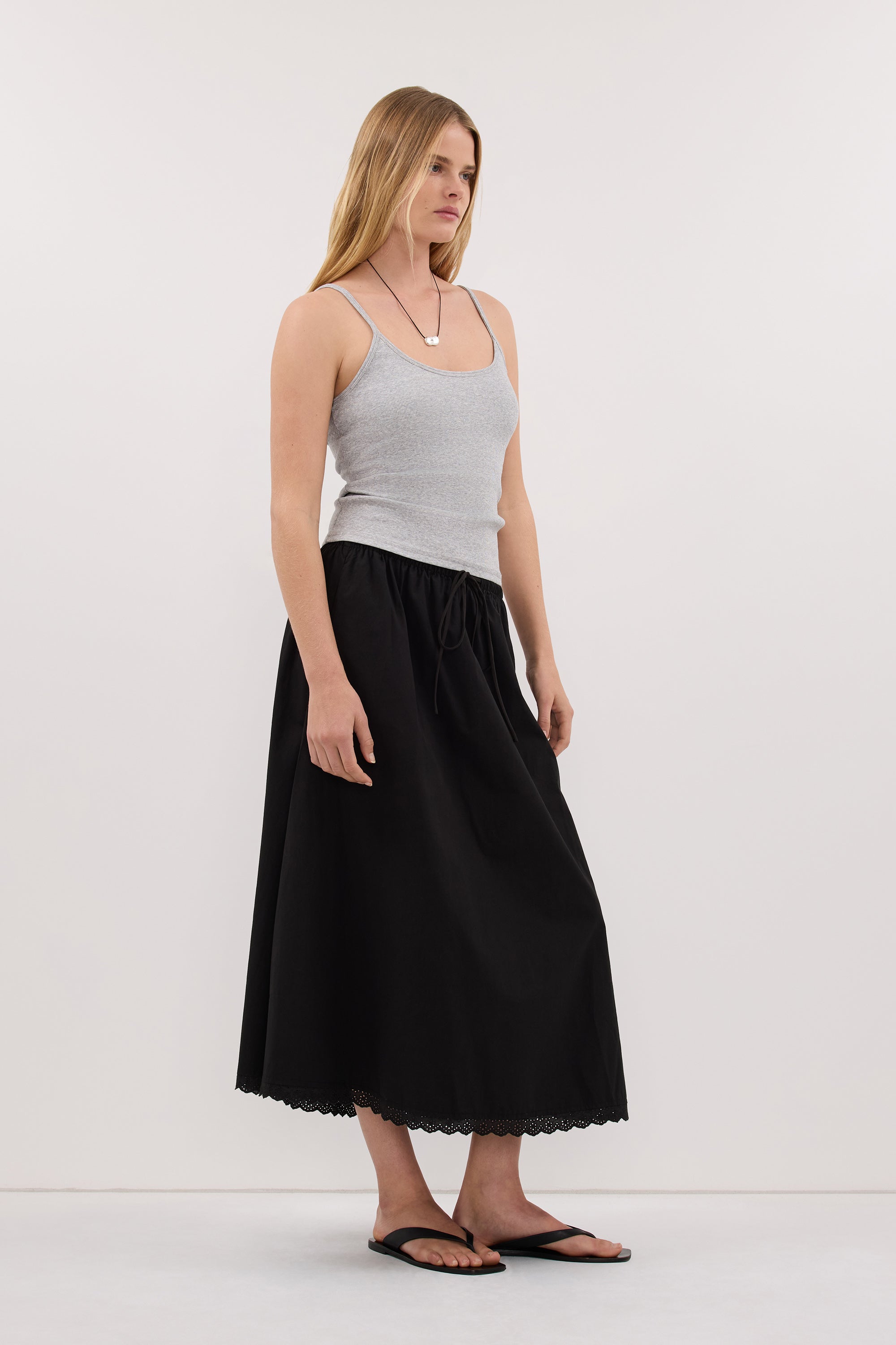 ARLETTE BLACK COTTON GATHERED 7/8 SKIRT