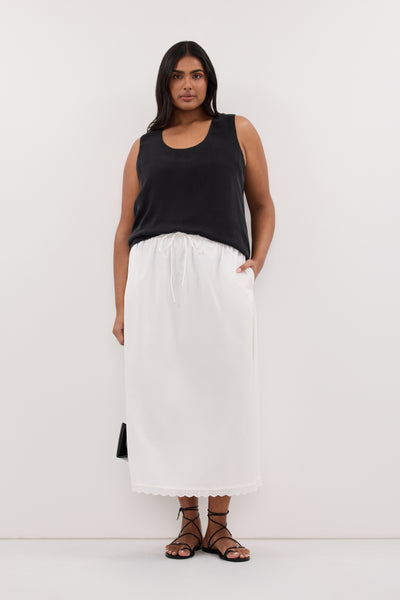 Shanaya wearing ARLETTE WHITE COTTON GATHERED 7/8 SKIRT