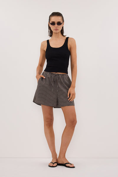 Stas wearing PALMA BITTER CHOC SILK BLEND SHORT