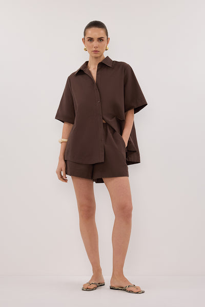 Stas wearing ELARA CHOCOLATE DRAWSTRING SHORT