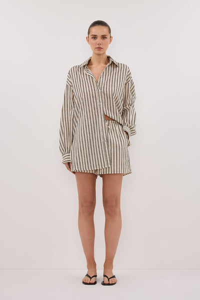 Stas wearing ELLIE CREAM STRIPE DRAWSTRING SHORTS