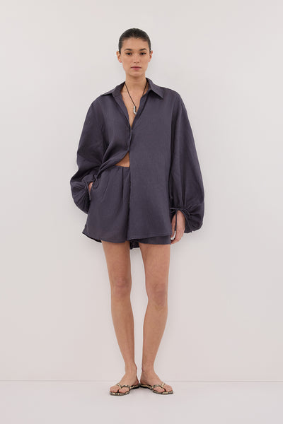 Aude wearing CARLA WASHED INDIGO LINEN SHORT