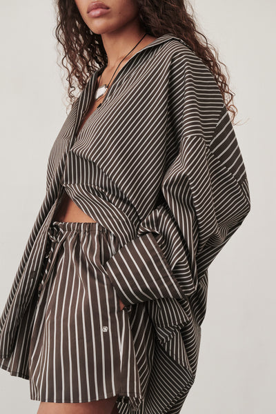 Keilani wearing SABLE BITTER CHOC SILK BLEND SHORT