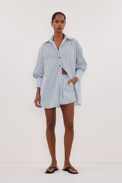 Joanna wearing SABLE ICE BLUE SILK BLEND SHORT