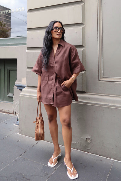 Aude wearing HELENA COCOA LINEN SHORT