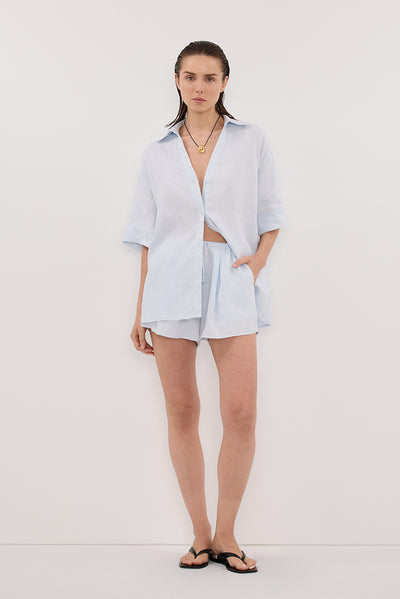 Stas wearing HELENA CORNFLOWER LINEN SHORT
