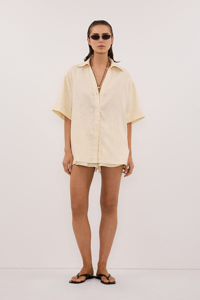 Stas wearing HELENA STRAW LINEN SHORT