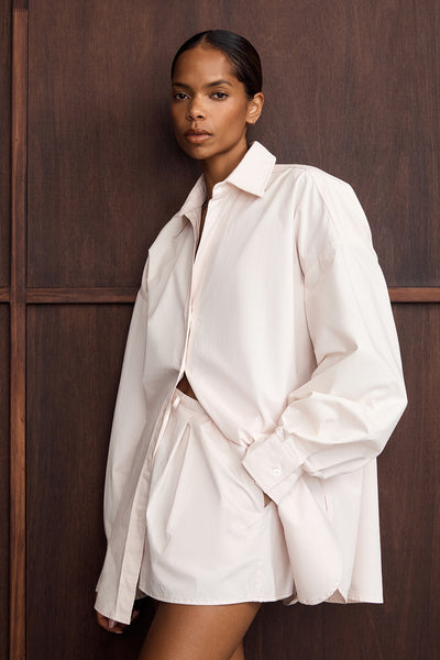 Kristen wearing RAQUEL POWDER POPLIN SHORT