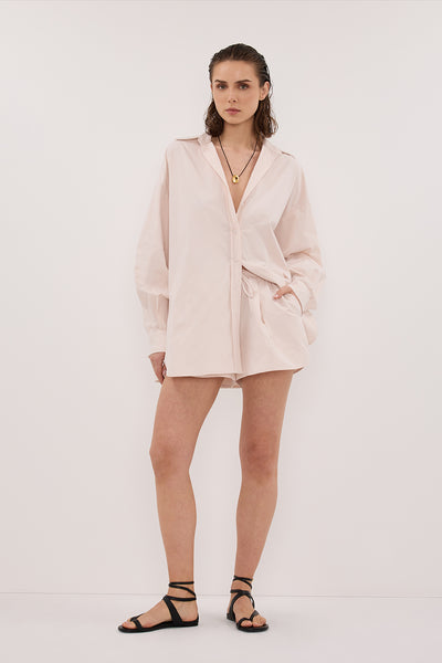 Stas wearing RAQUEL POWDER POPLIN SHORT