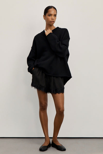 Kristen wearing ANDREA BLACK CUPRO LACE SHORT