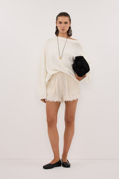 Stas wearing ANDREA SANDSTONE CUPRO LACE SHORT