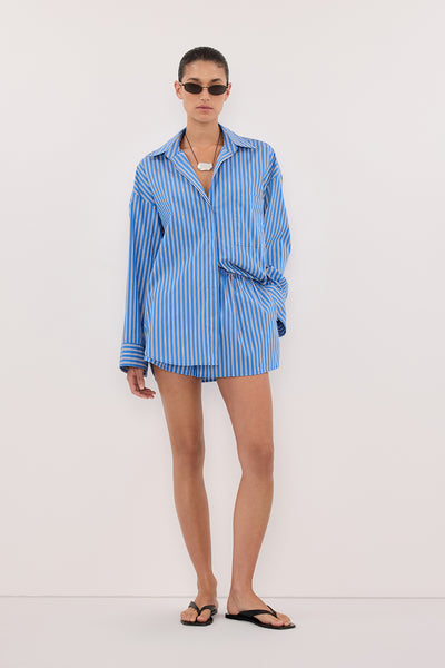 Aude wearing MISHA AZURE BLUE STRIPE SHORT