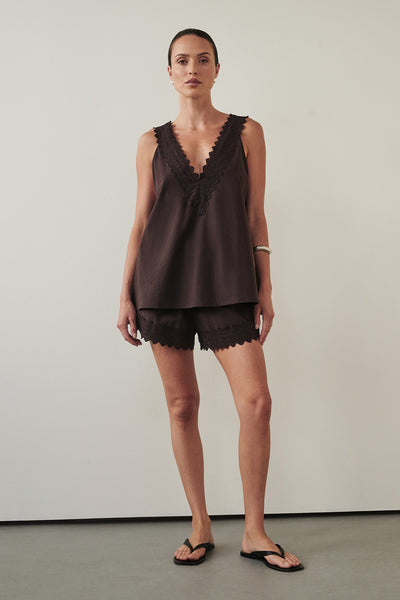 Casey wearing ANNABEL BURNT CHOC SHORTS